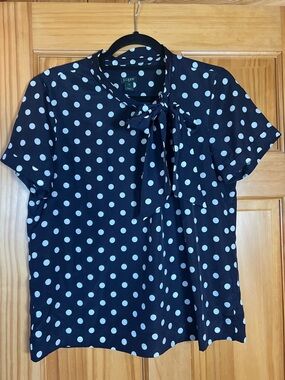 J. Crew Navy and White Polka Dot Tie-Neck Blouse